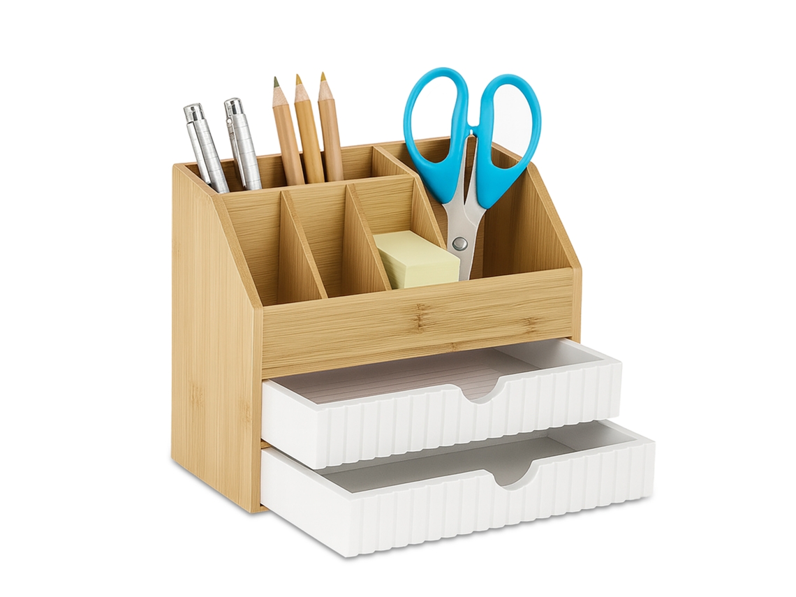 Organizador Para Secretária Relaxdays Com Gavetas E Divisórias, 19x24x14 Cm, Bambu/mdf, Natural/branco