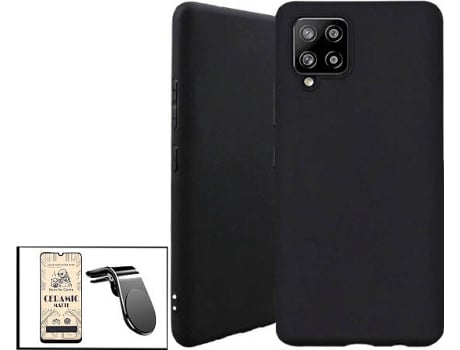 Kit Cristal Templado CeramicGlass Full Cover, Funda Silicona y Soporte Magnético L Safe Driving Coche Samsung Galaxy A42 5G PHONECARE Negro