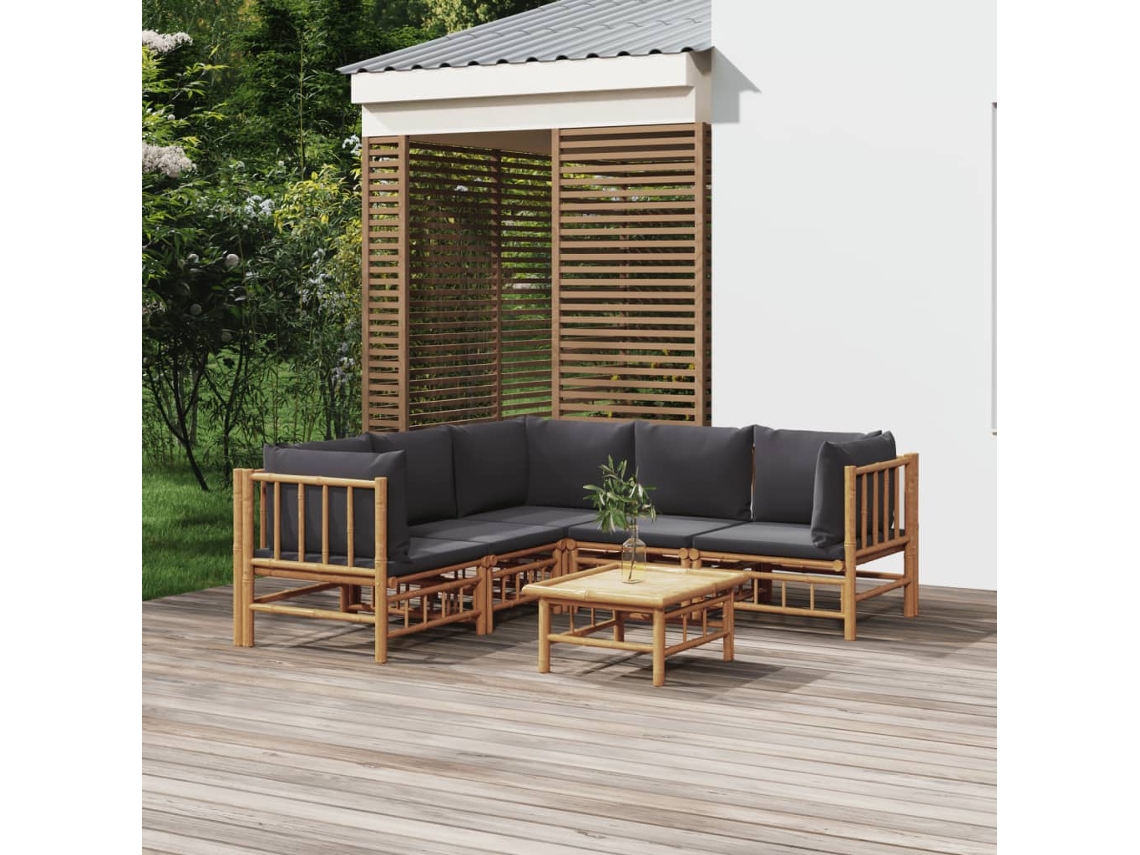 Conjunto de jardín de bambú de 6 piezas con cojines gris oscuro DKD Home Decor