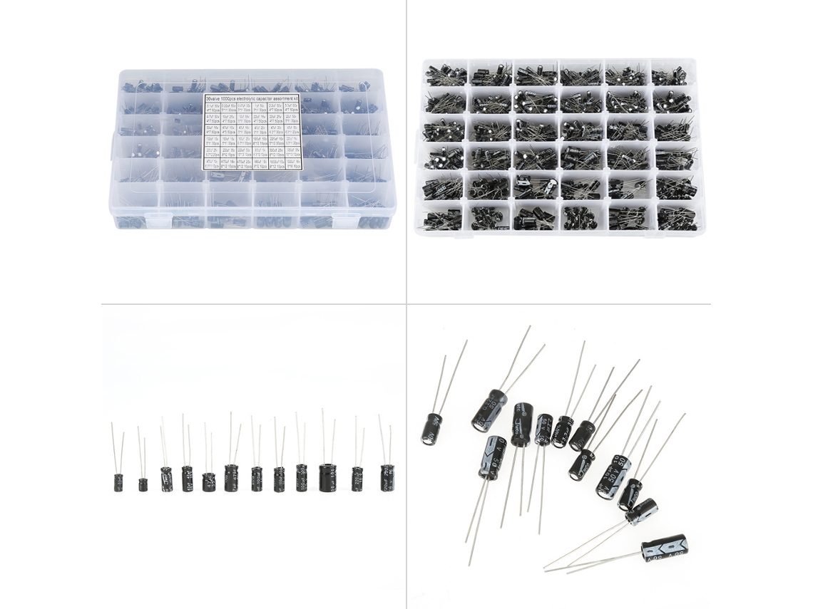 Kit de 1000 condensadores electrolíticos radiales, 36 valores, 0,1 µF-1000 µF, 10 V-50 V, Componentes electrónicos