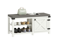Banco zapatero rústico, organizador de zapatos con compartimentos para 7 pares de zapatos, 100x40x48 cm, blanco con vetas grises.