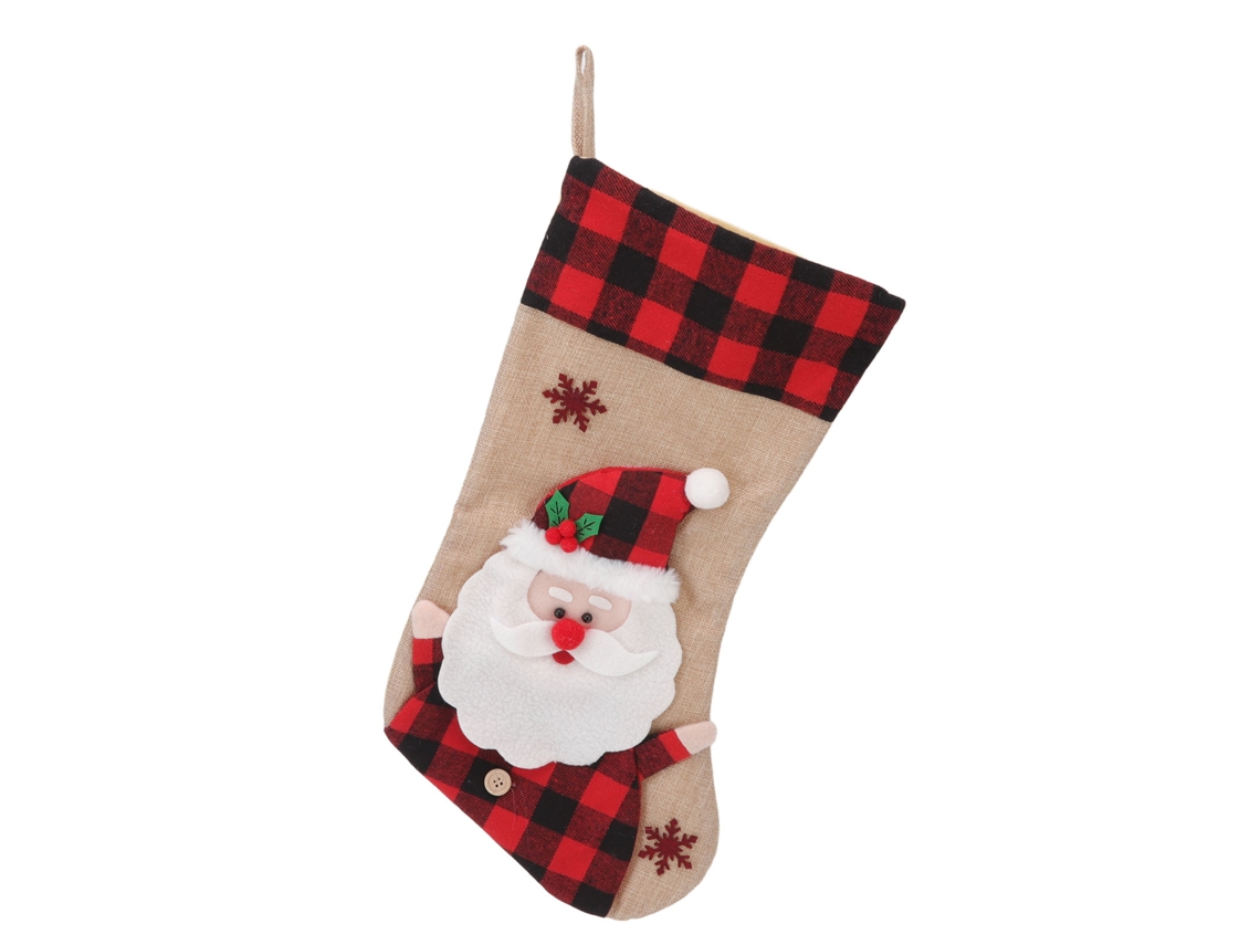 Calcetín navideño con encaje rojo y tela de yute, diseño 3D, para fiestas.