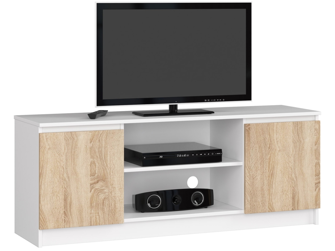 Mueble De Tv Akord Blanco 140 Cm 2 Puertas Frente En Color Roble Sonoma 2 Estantes 140x40x55 Cm