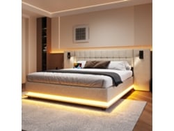 Cama Doble De 180x200 Cm Con Cabecero Led, Luz Usb Y Colchón De Lino Beige No Incluido.