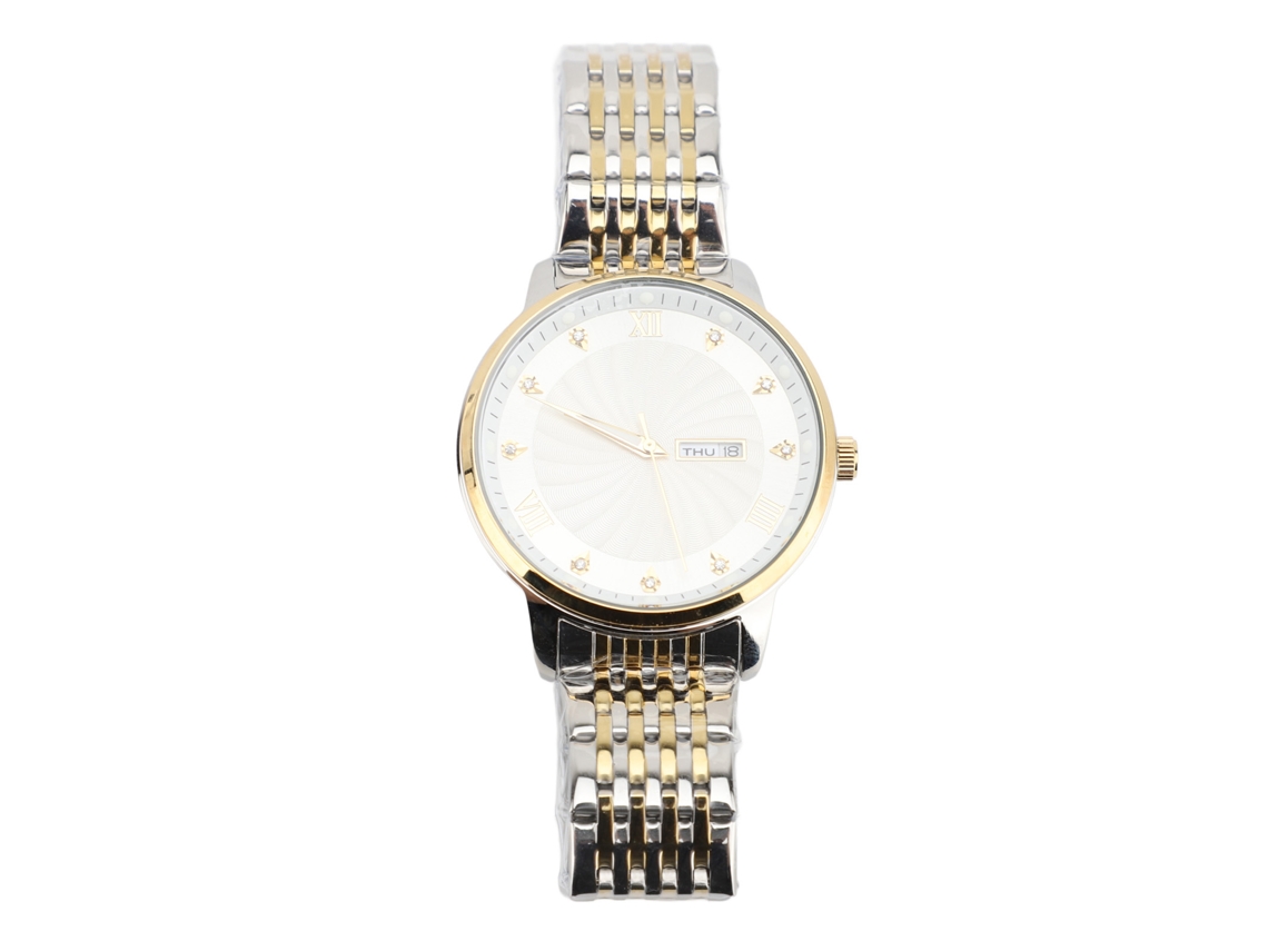 Elegante Reloj De Cuarzo Para Hombre, Resistente Al Agua, Con Indicador De Fecha, Esfera Plateada Con Bisel Dorado.