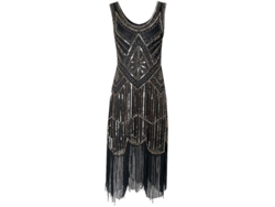 Vestido Estilo Flapper De Los Años 20 Con Flecos Largos, Diamantes De Imitación Vintage Estilo Gatsby Y Perlas Para Fiestas Temáticas.