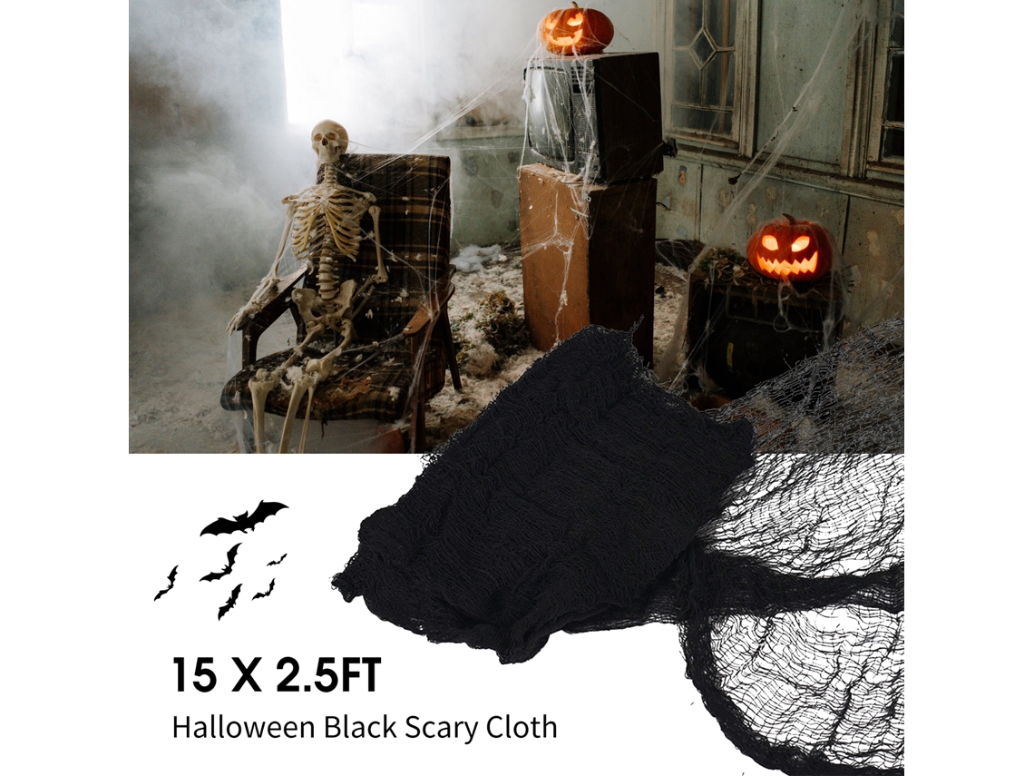 Paño Horror Negro 15x2.5ft Para Halloween Decoración Espeluznante Cortinas Entradas Ventanas Fiesta Casa Embrujada