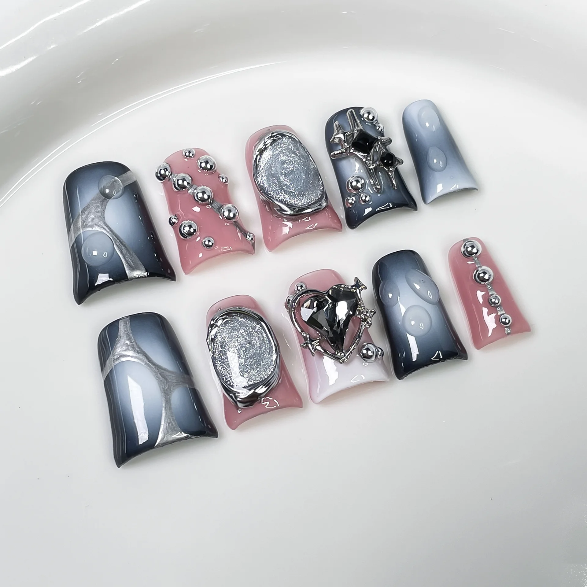 (659-s) Set De 10 Uñas Postizas Hechas A Mano Con Mariposas Brillantes - Uñas De Presión