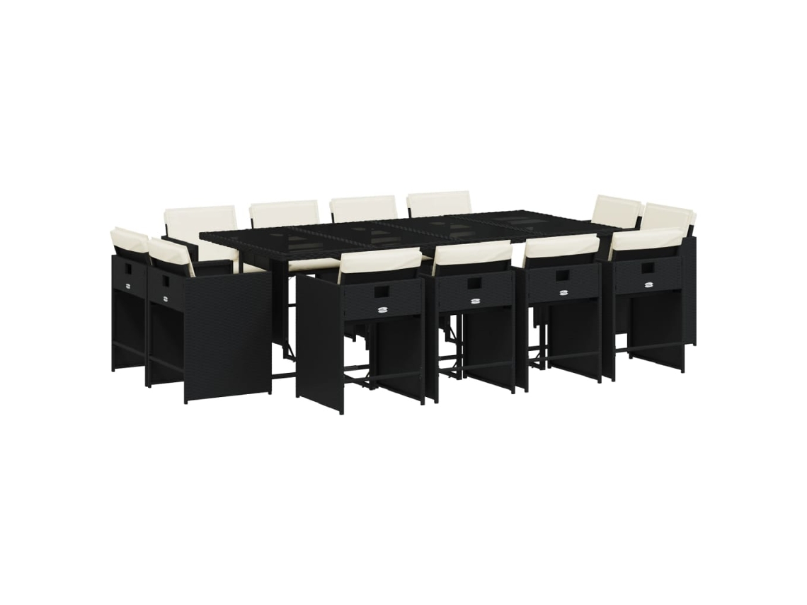 Juego de 13 piezas de comedor de jardín con cojines de mimbre, color negro, EXCLUSIVA DE LA CASA