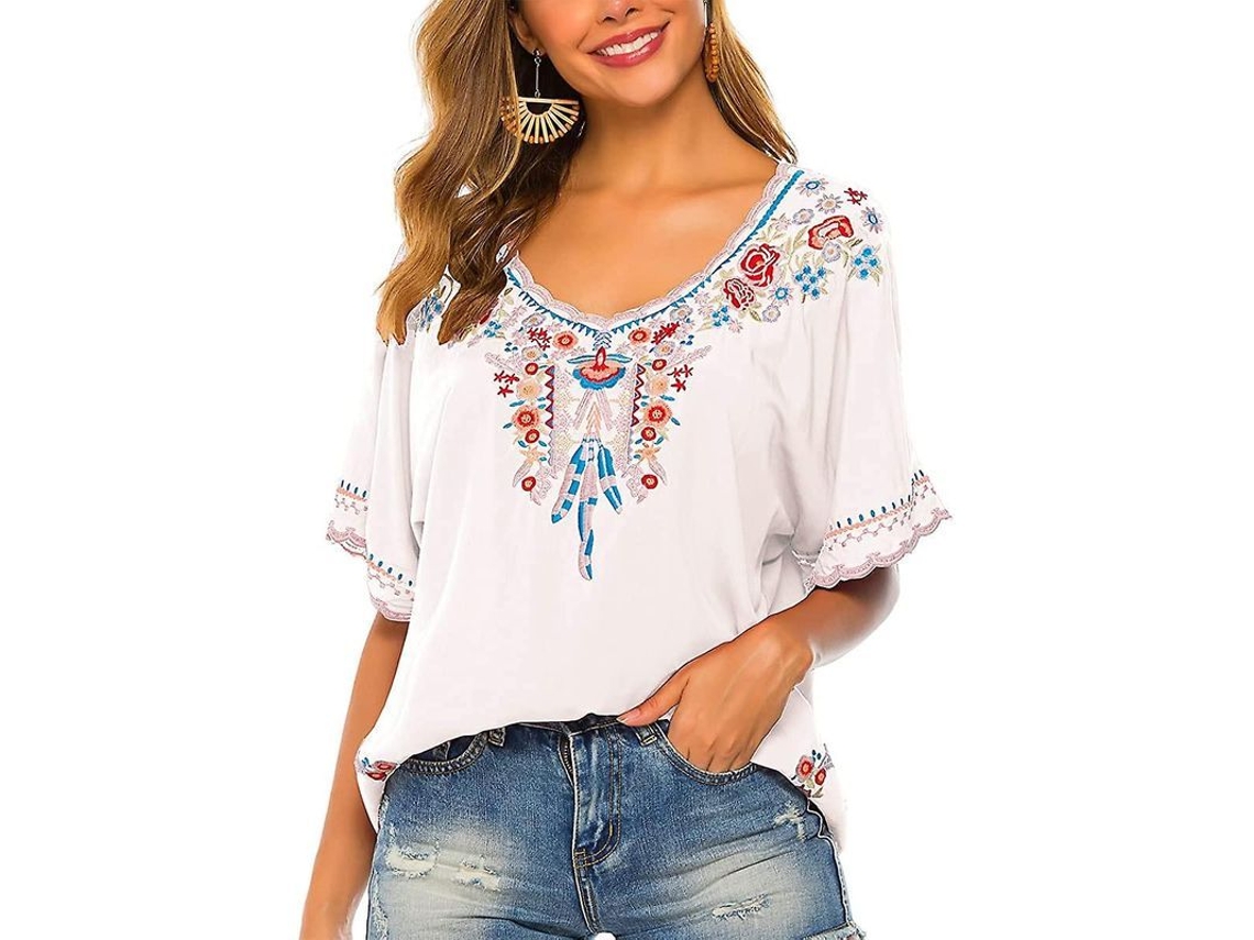 2026-blusa Étnica De Manga Corta Con Bordados De Plumas Y Flores Estilo Bohemio Para Mujer