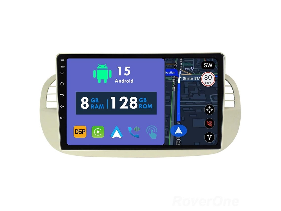 Coche Radio Android Auto Autoradio 8GB RAM 128G ROM CarPlay Navegación GPS Pantalla Táctil RoverOne para Fiat 500 2007 - 2015 