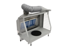 Cabina de pintura con aerógrafo, diseño plegable, ventilador de extracción integrado, color gris.