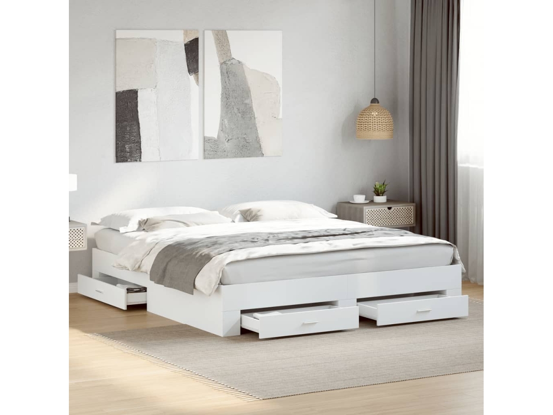 Estructura Cama Con Cajones Madera Ingeniería Blanca 200x200 Cm
