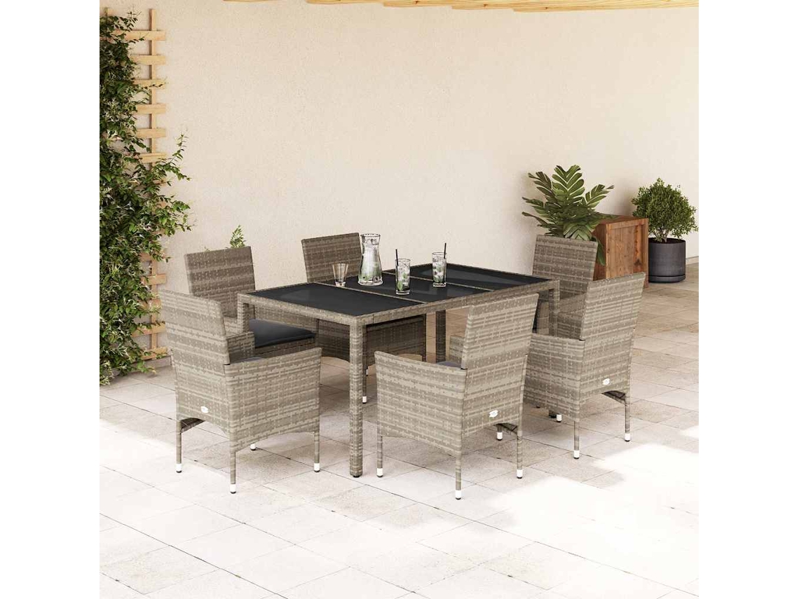 7 unidades Conj. Jantar Jardim Almofadões Vime Pe/vidro Cinza Claro Dkd Home Decor