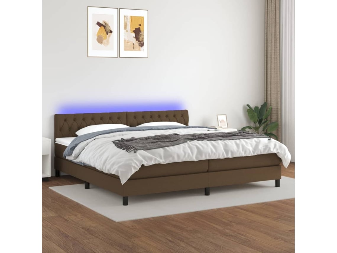 Cama Box Spring Colchón Luces Led Tela Marrón Oscuro 200x200 Cm