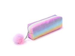Estuche escolar con pompón esponjoso y chennnls magenta