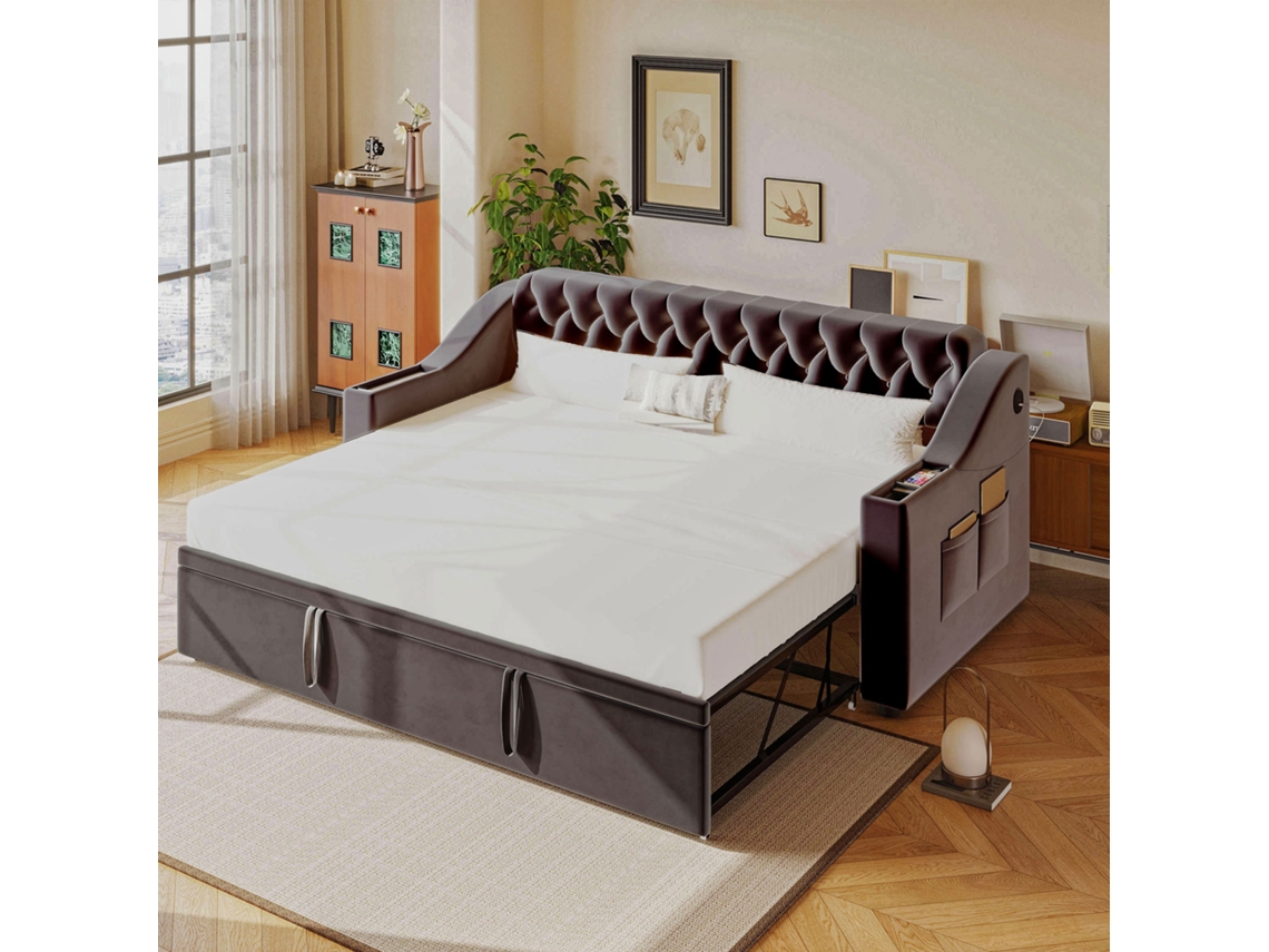 Sofá Cama Tapizado 90/180 X 190 Cm, Puerto De Carga Usb, Estante, Somier, Tela De Terciopelo, Gris Oscuro