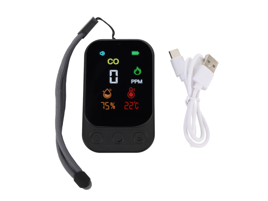 Detector De Monóxido De Carbono Portátil Multifuncional Con Sensor Electroquímico, Medidor De Temperatura Y Humedad Para Viajes, Camping, Barbacoas, 5 V Cc, Negro.