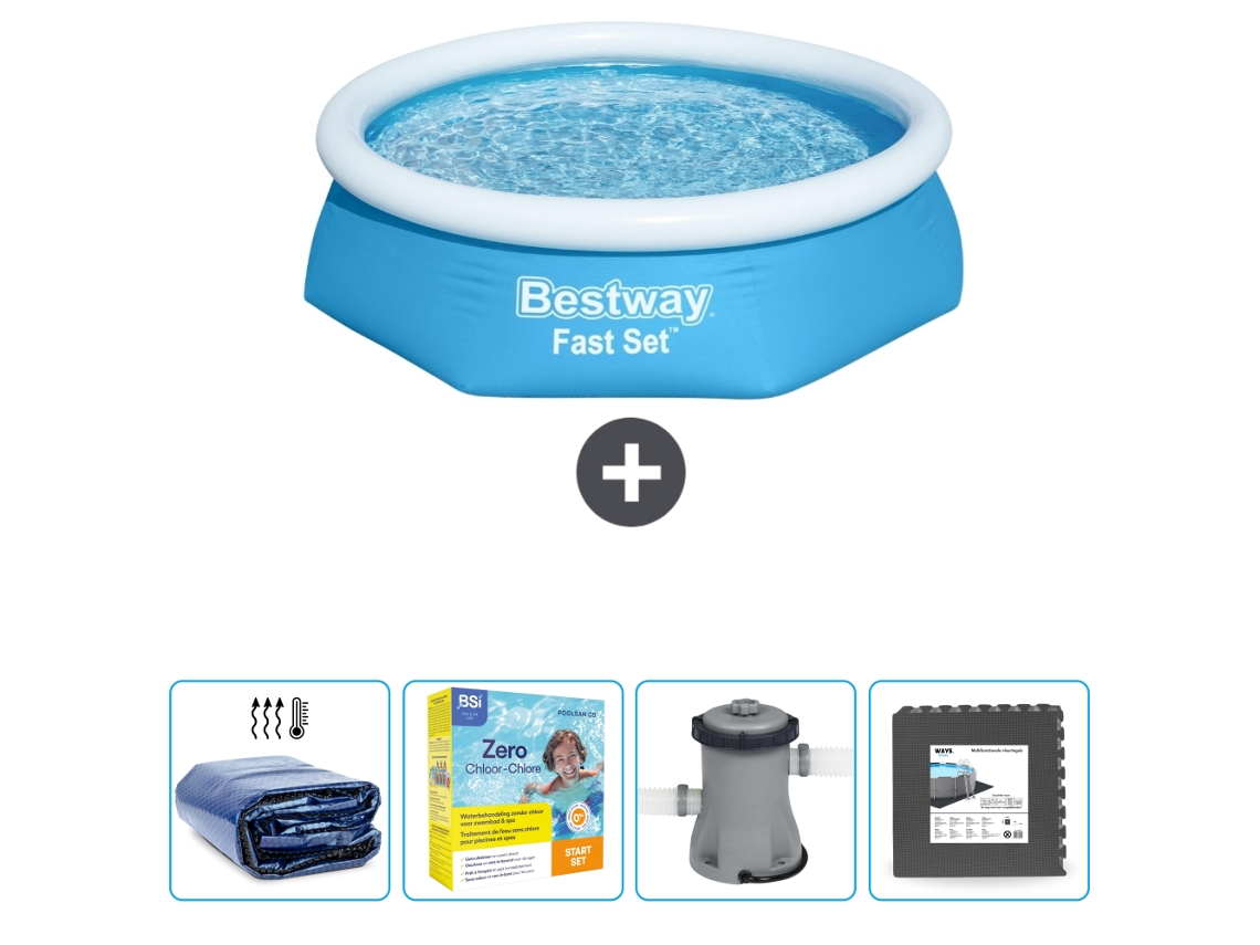 Piscina Hinchable Redonda Fast Set BESTWAY - 244 x 61 cm - Azul - Incluida Vela solar - Paquete de mantenimiento - Bomba - Baldosas