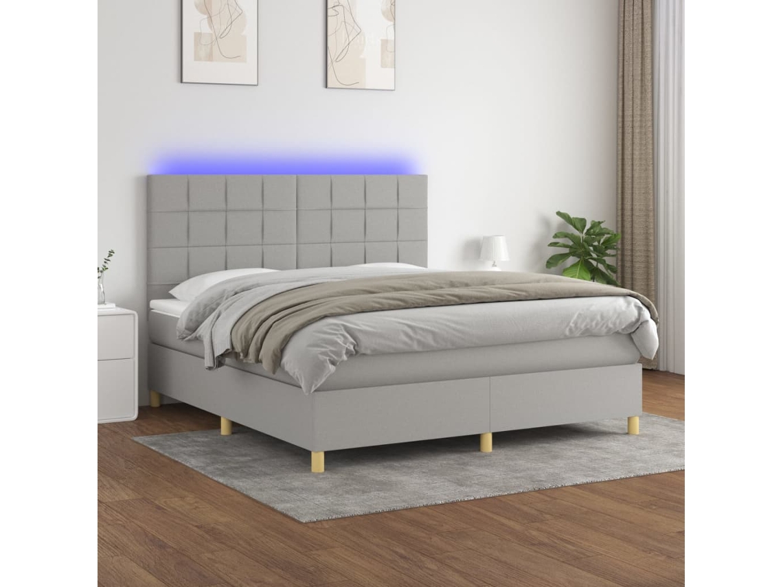 Cama Box Spring Colchón Y Luces Led Tela Gris Claro 160x200 Cm