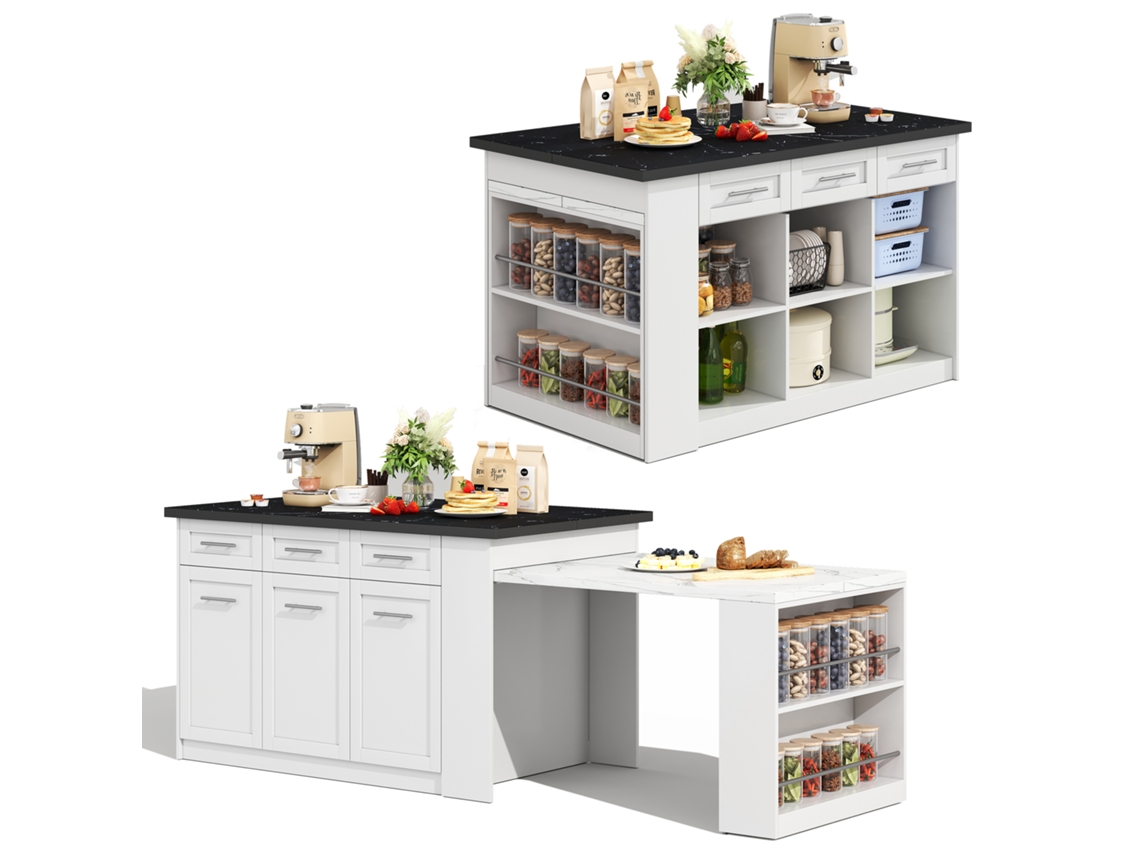 Isla De Cocina Multifuncional (150 Cm 96 Cm), Mesa De Comedor Extensible Blanca, Encimera/mesa De Madera Marmolada En Blanco Y Negro