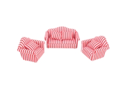 -3 Piezas Sofá Miniatura Para Casa De Muñecas 1:12, Sofá Doble Y 2 Sofás Individuales Con Rayas Claras, Rojo