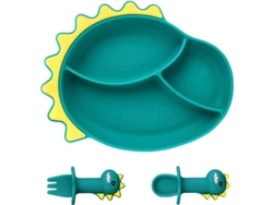 Plato De Silicona Para Bebé Con 3 Compartimentos, Diseño De Dinosaurio, Ventosas, Cuchara Y Tenedor Portátiles.