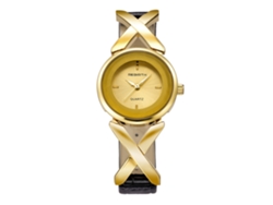 Reloj De Pulsera De Cuarzo Para Mujer Con Correa De Piel Sintética, Elegante Estilo Dorado.
