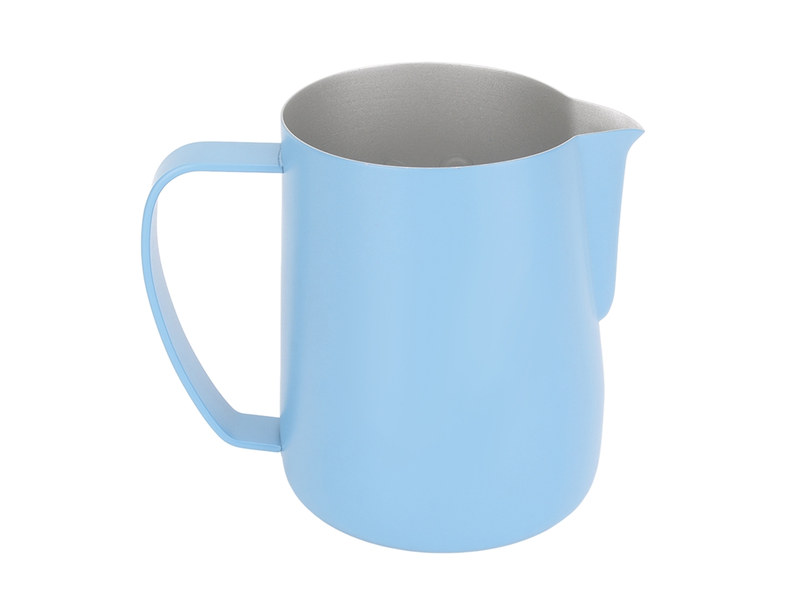 Jarra para espumar leche de acero inoxidable de 600 ml, color azul claro, ideal para café.