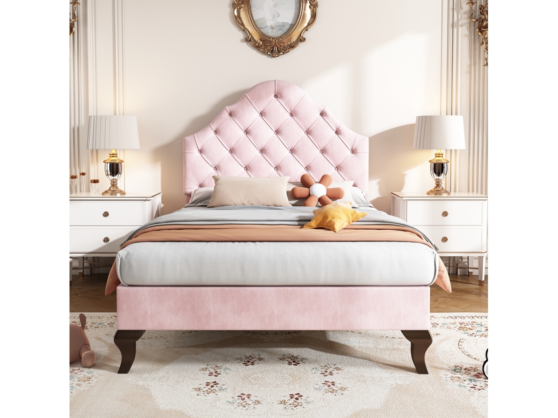 Cama tapizada de 90 x 200 cm en terciopelo con cabecero ajustable y somier de láminas rosa