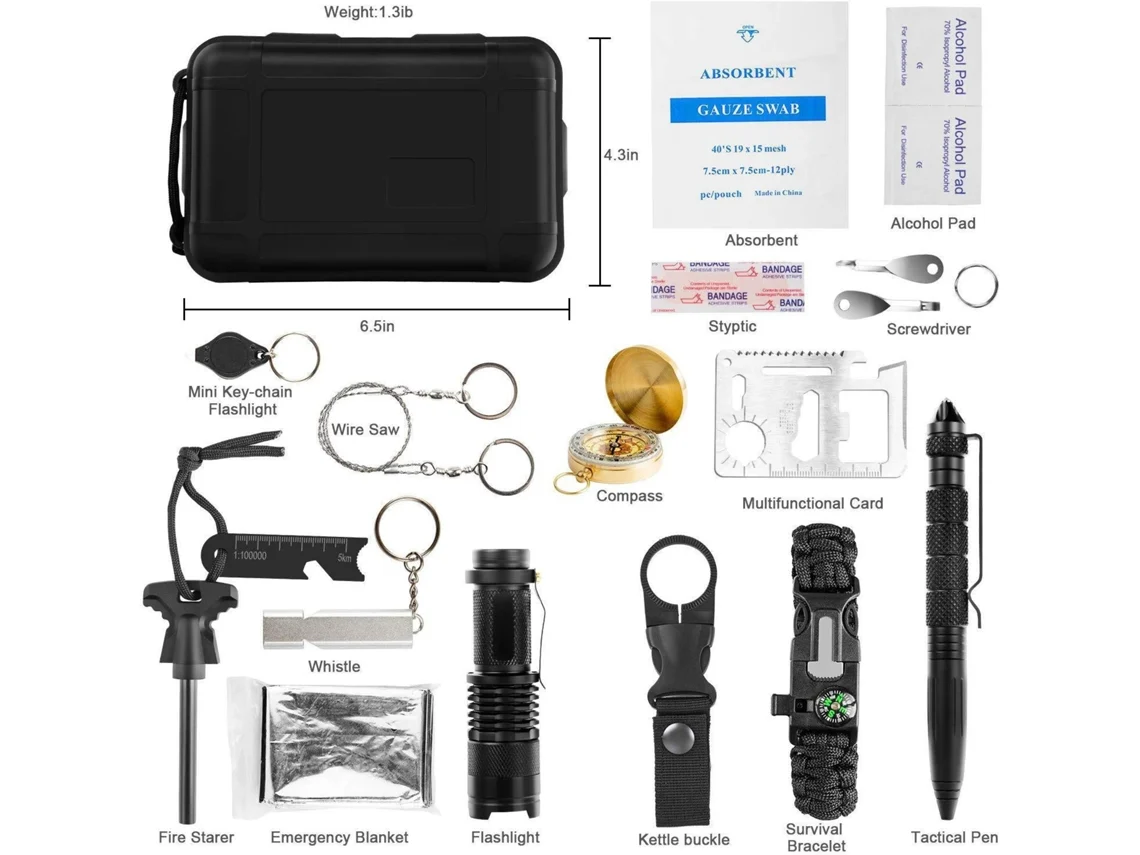 Kit de supervivencia para exteriores, kit de acampada, kit de emergencia, 15 en 1, negro, Tommy01
