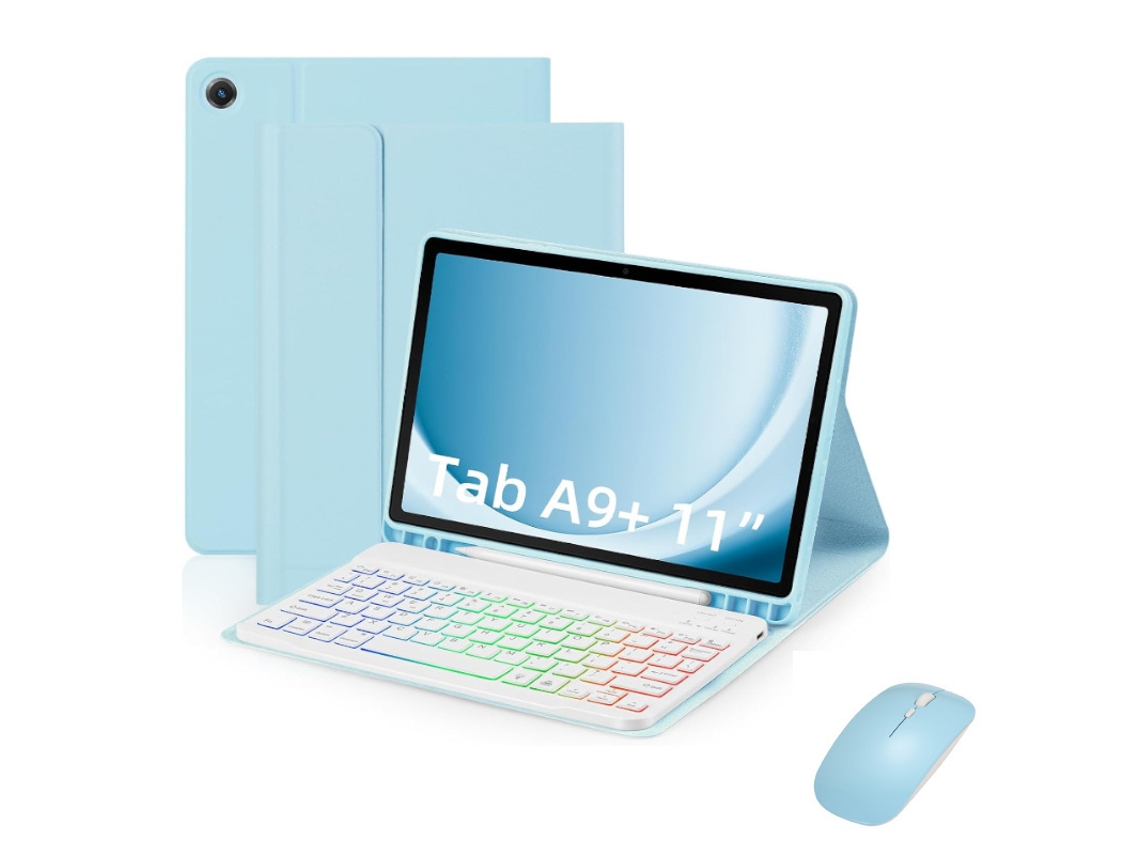 Teclado y ratón retroiluminados en azul cielo y blanco para Samsung A8 X200/X205 de 10,5 pulgadas. Yunzii