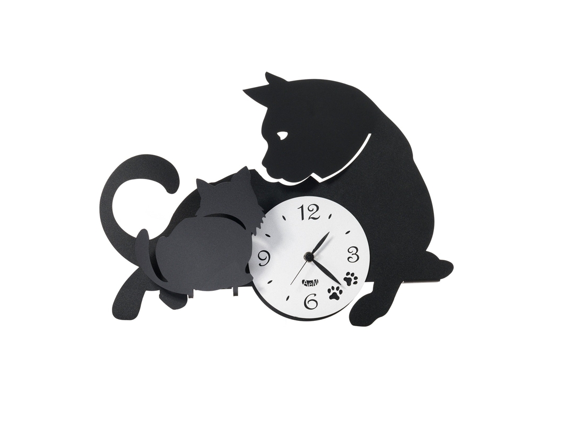 Reloj de pared Mamma Gatta de 38 x 27 cm en hierro negro con diseño de gato y gatitos. Mecanismo de batería silencioso. Fabricado en Italia. Arti Mestieri.