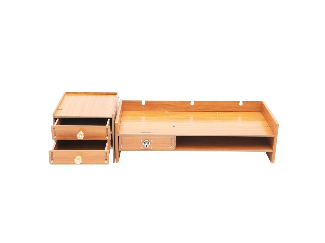 Soporte para monitor de ordenador, cajón con cerradura, soporte para teléfono, madera.