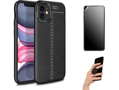 Kit Carcasa y Protector iPhone 12 Mini Ultimatte, Rugged Leather y Popsocket Negro