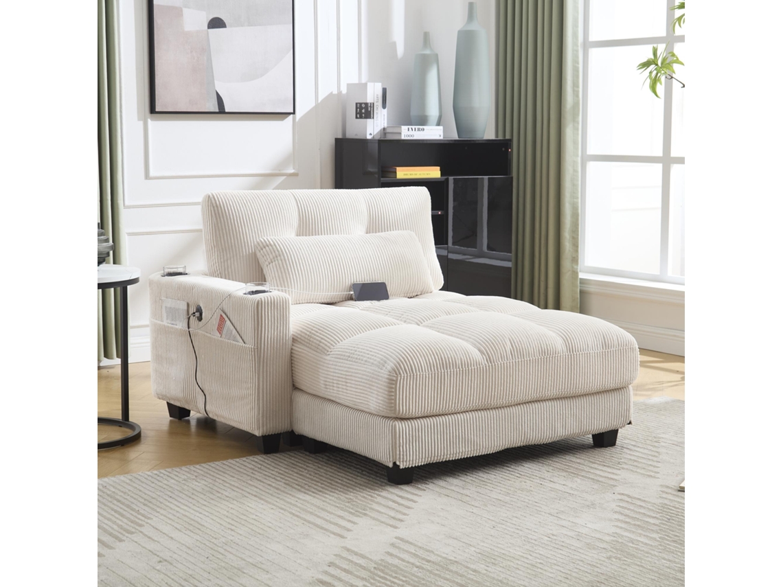 Sillón reclinable de terciopelo a rayas, respaldo y reposacabezas ajustables, reposabrazos intercambiables, 2 portavasos, puerto USB, bolsillo lateral, color beige.