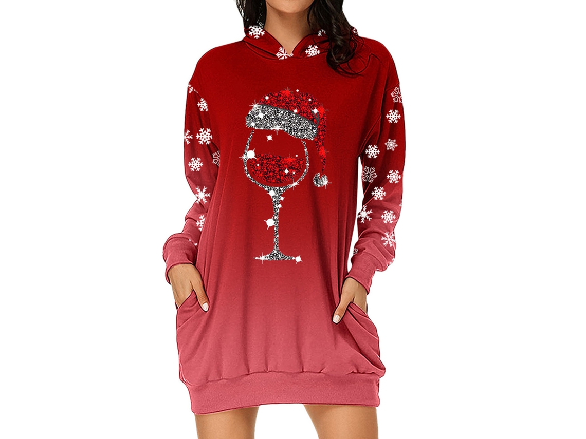 Kkpm-vestido Sudadera Con Capucha Para Mujer Impreso Navideño Manga Larga Suelta Casual Rojo Talla Xl