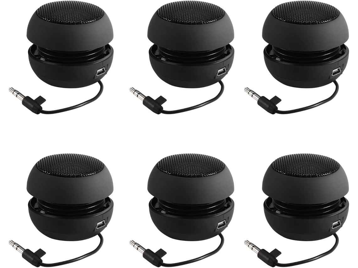 Mini altavoz portátil de viaje con 6 altavoces y cable de audio retráctil de 3,5 mm. SFUSHOS