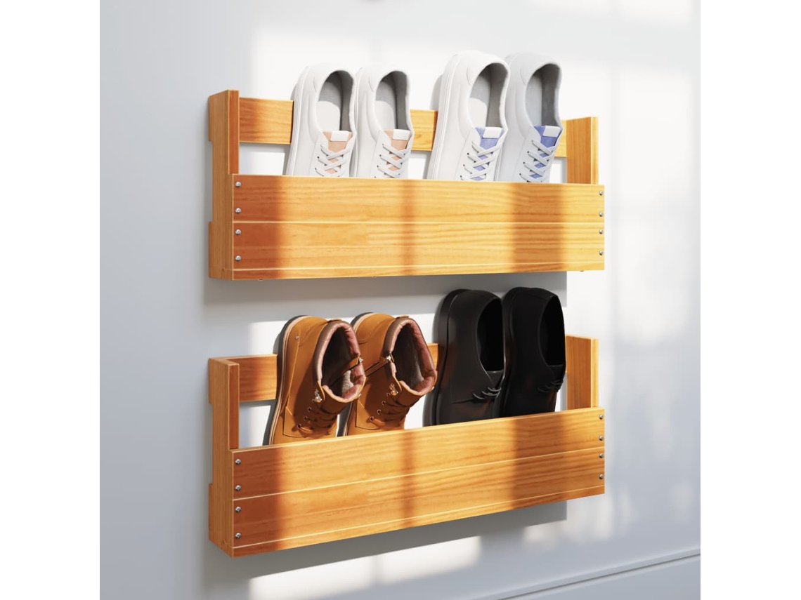 2 Uds Zapatero | Estantes Zapatos Pared Madera Pino Marrón 59x8,5x23,5 Cm