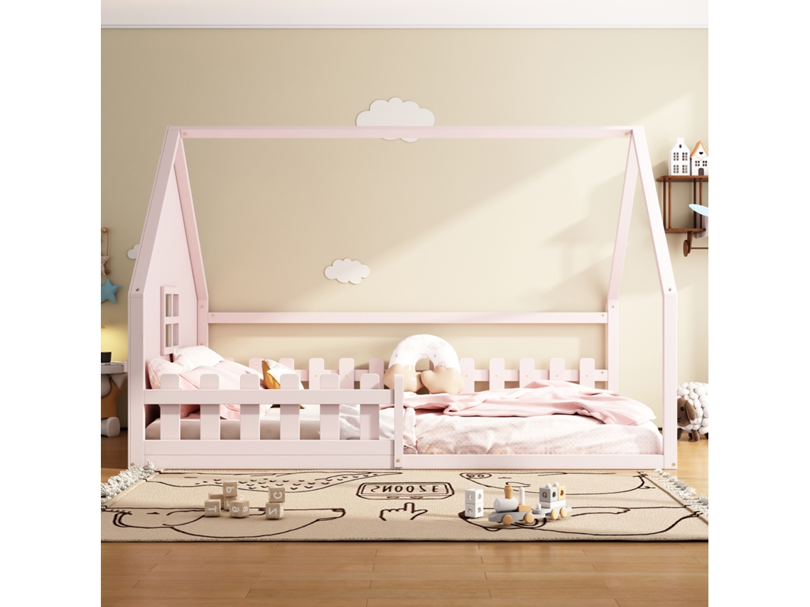 Cama Infantil Con Plataforma De 140x200 Cm Con Barandilla Rosa.