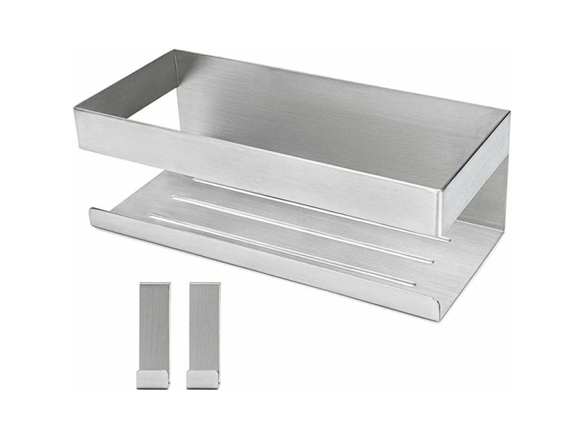 Estante de ducha autoadhesivo Ic en acero inoxidable cepillado con 2 ganchos Jortmrd