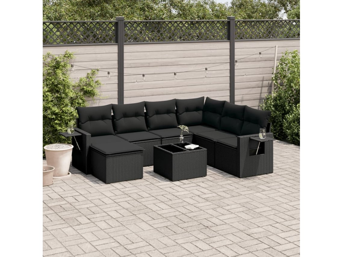 Conjunto de sofá de jardín de 8 piezas con cojines en mimbre sintético negro de DKD Home Decor