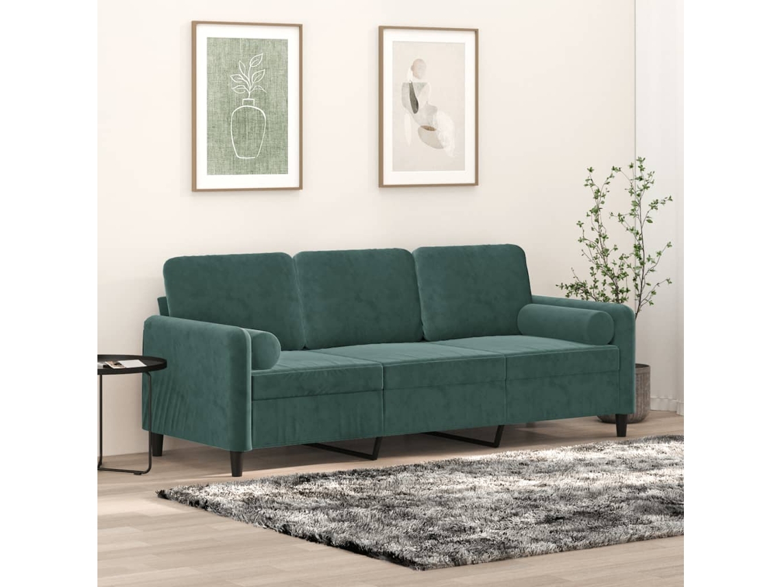 Sofá De 3 Plazas Con Cojines Terciopelo Verde Oscuro 180 Cm