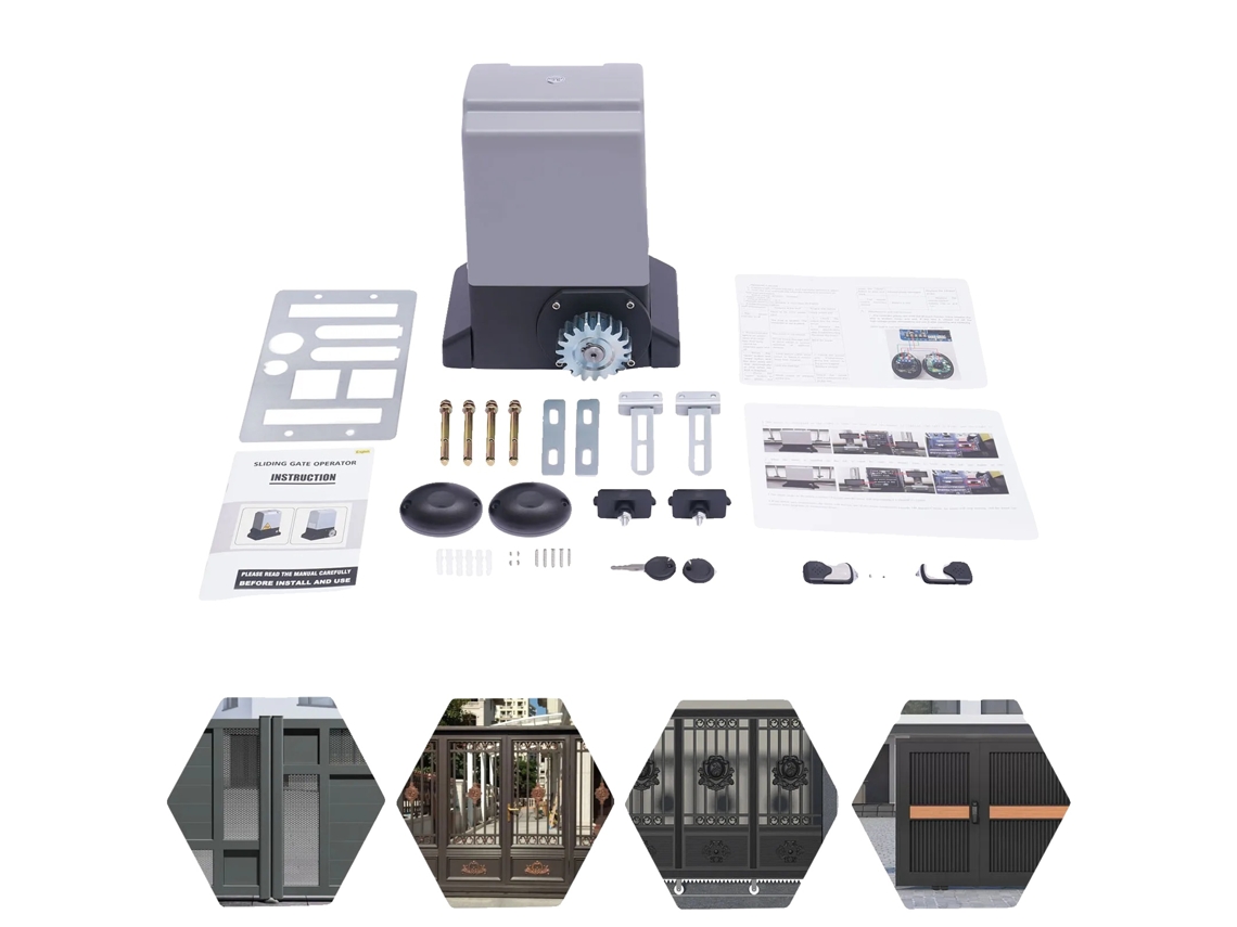 Abridor de puerta corredera, motor de 750 W, control remoto, negro y gris.