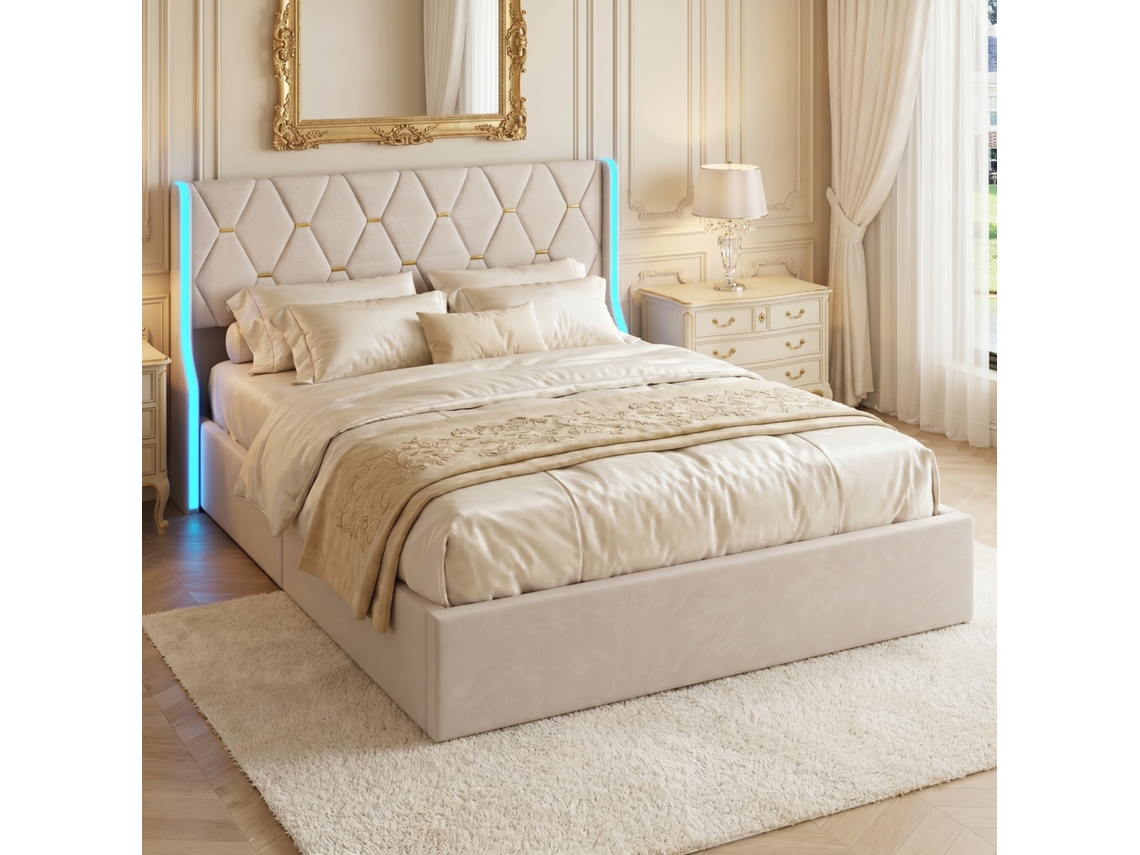 Cama Matrimonio 160x200 Cm, Con Almacenaje Hidráulico, Estructura De Cama Tapizada En Terciopelo Con Cabecero Y Luces Led, Beige