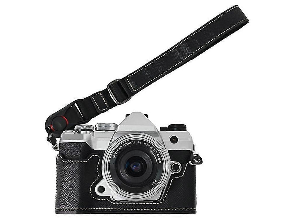 Estuche de cuero para cámara Olympus OM 5, ranura para batería, medio cuerpo, tapa inferior con correa de mano Facpoet