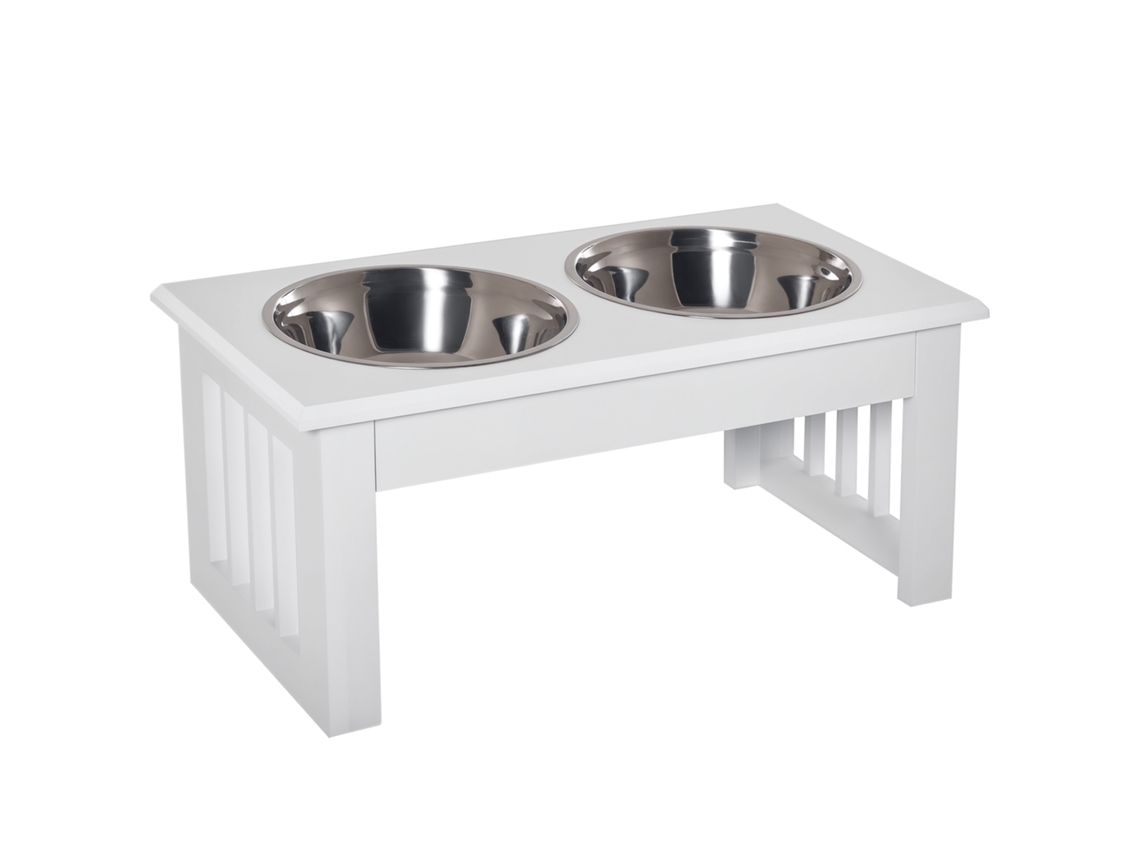 Tigelas Elevadas Brancas para Cães e Gatos, Suporte 44x24x15 Cm, 2 Tigelas de Aço Inox de 0,9 L, Prática para Alimentação Diária. VELTUS TRADE
