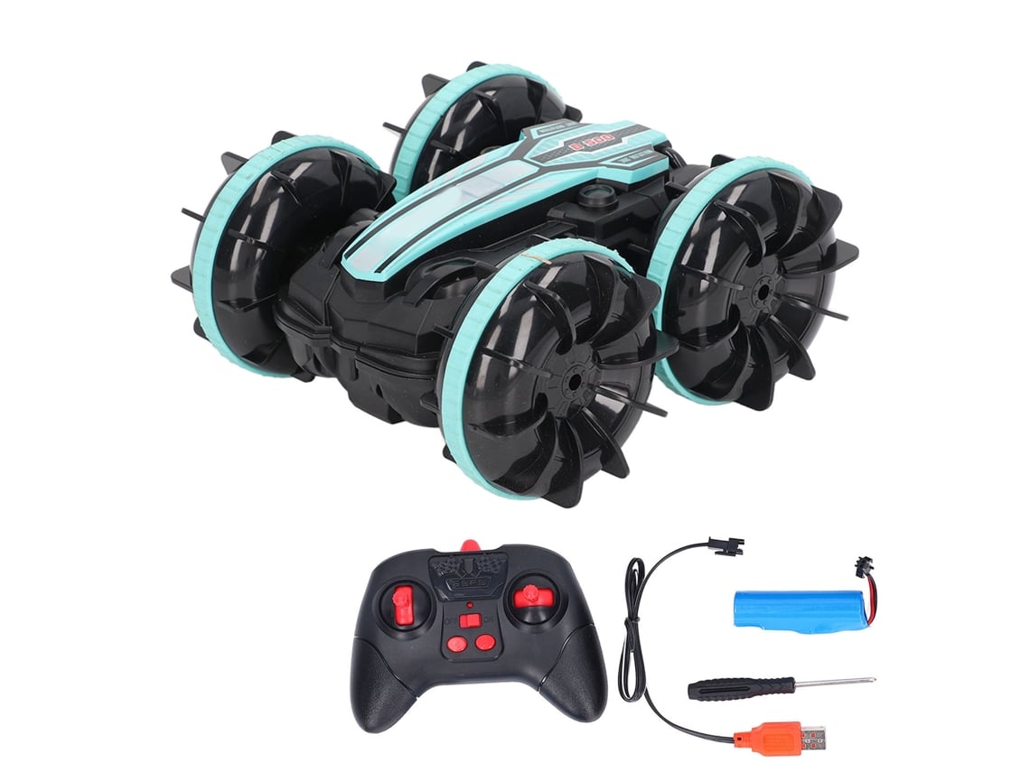 Coche acrobático teledirigido BJ-Boat de 2,4 GHz, tracción 4x4, anfibio, con mando a distancia de doble cara para niños de 8 años en adelante - Verde