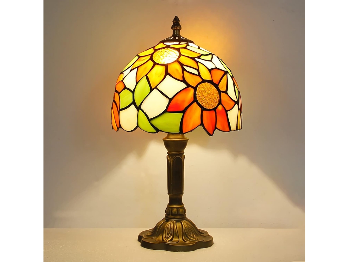 Abajur De Mesa De 8 Polegadas, Vidro Colorido (vitral), Base Em Resina Com Efeito Envelhecido (38,1 Cm De Altura)