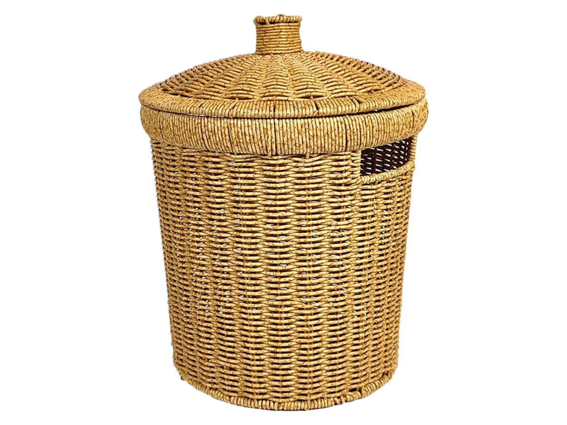 Cubo De Basura Redondo Con Tapa, Aspecto De Mimbre, Estructura De Hierro Resistente, Diseño Moderno.